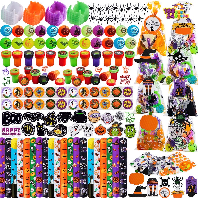 JOYIN 168 Pcs Halloween Stationery Set 24 Pack Goody Bags with Halloween Tags Including Vampire Teeth Spiders Stamps Stickers Slap Bracelets for Kids Trick or Treating Party Favors Supplies - Image 2