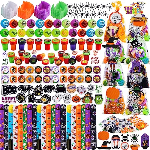 JOYIN 168 Pcs Halloween Stationery Set 24 Pack Goody Bags with Halloween Tags Including Vampire Teeth Spiders Stamps Stickers Slap Bracelets for Kids Trick or Treating Party Favors Supplies - Image 1