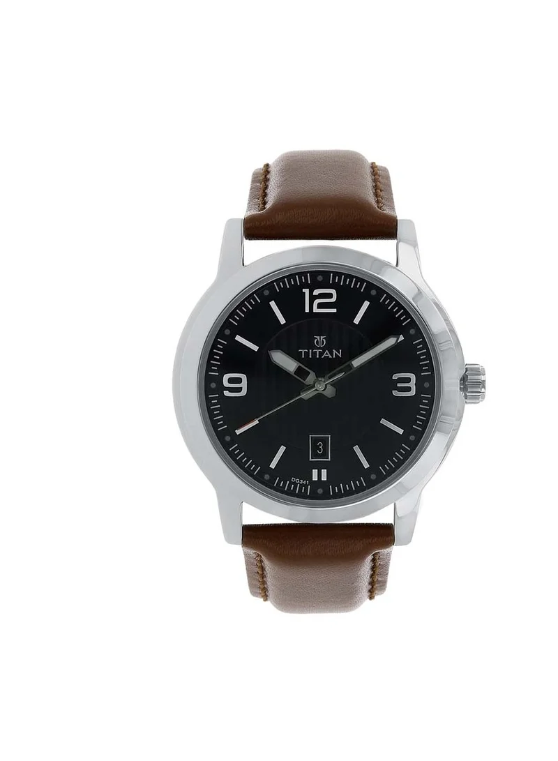 تيتان Titan Quartz Analog Black Dial Leather Strap Watch for Men