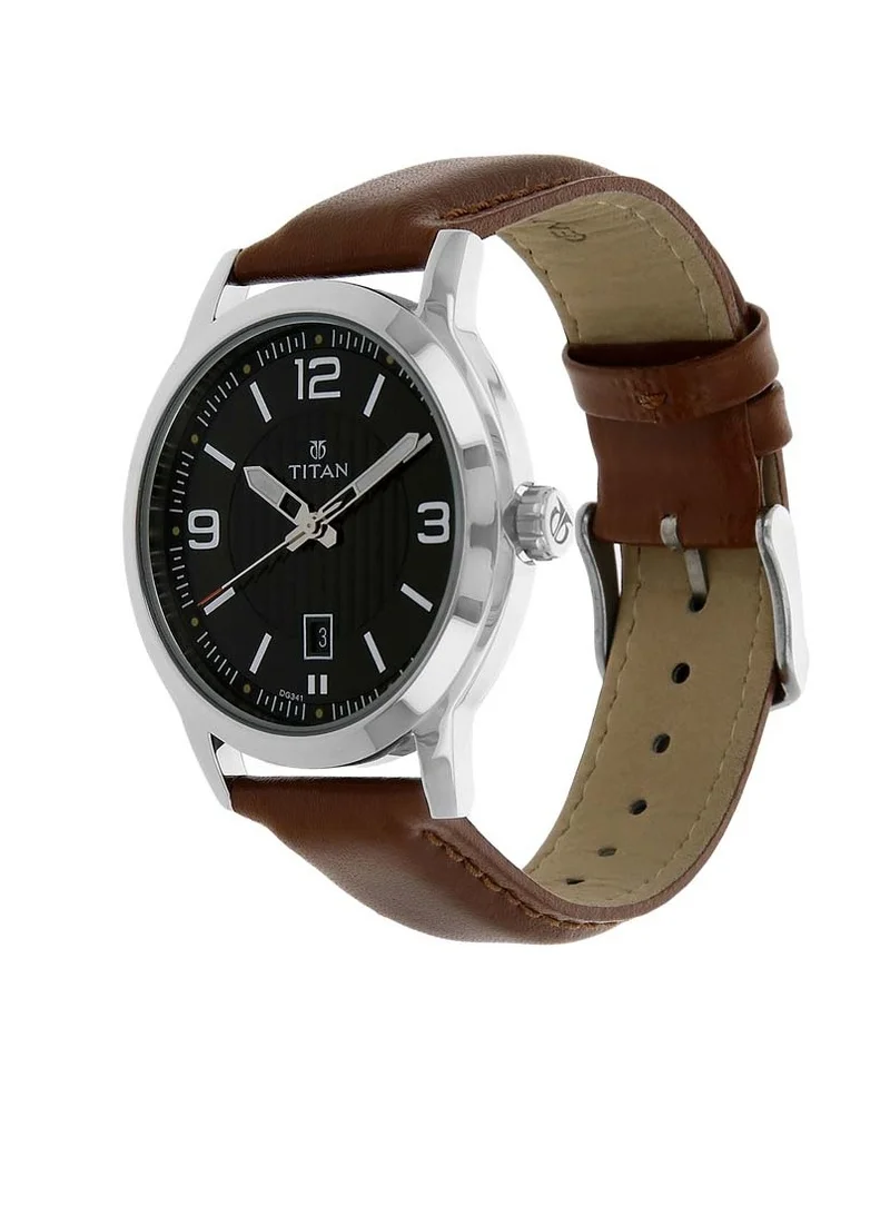 تيتان Titan Quartz Analog Black Dial Leather Strap Watch for Men