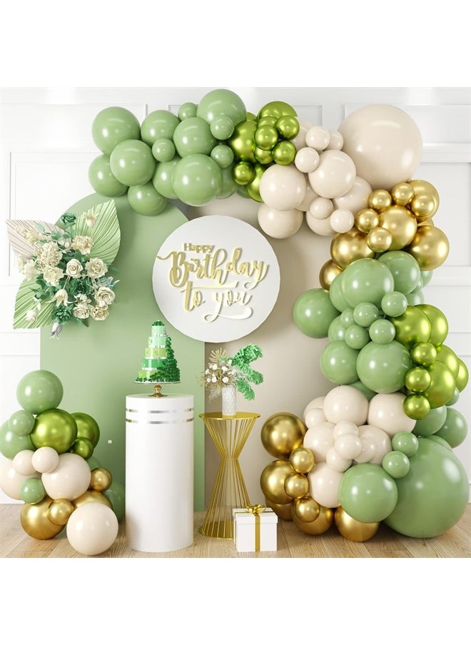 Isndare - Sage Green Gold White Balloon Arch Garland Kit Metallic Lime Green Balloons Garland Olive Green Cream Ivory White Chrome Gold Latex Balloon Jungle Animal Birthday Tropical Dinosaur Party Decorations - Image 1