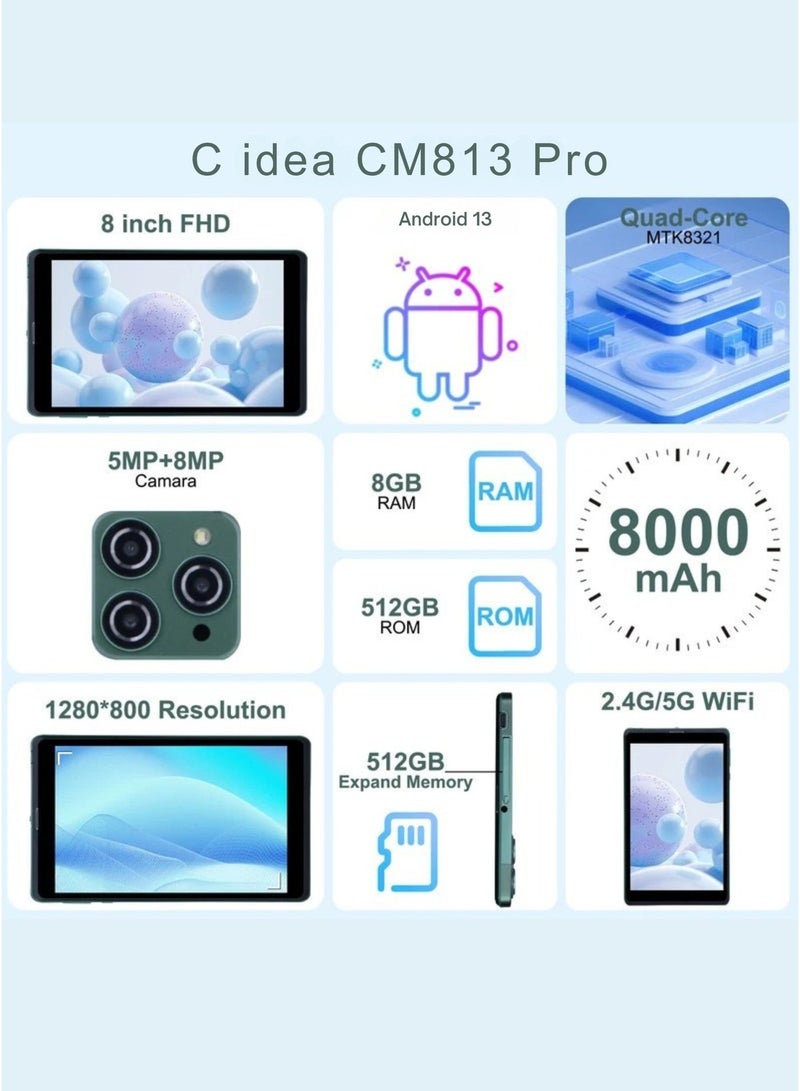 C idea CM813 Pro Android 13 Smart Tablet 8 Inch IPS Capacitive Touchscreen LCD | 8GB RAM 512GB Storage | Quad Core Processor | 5G WiFi Bluetooth GPS | 5MP Front & 8MP Rear Camera | Zoom Supported | Ultra Slim Body | Protective Case Included | Green - Image 2