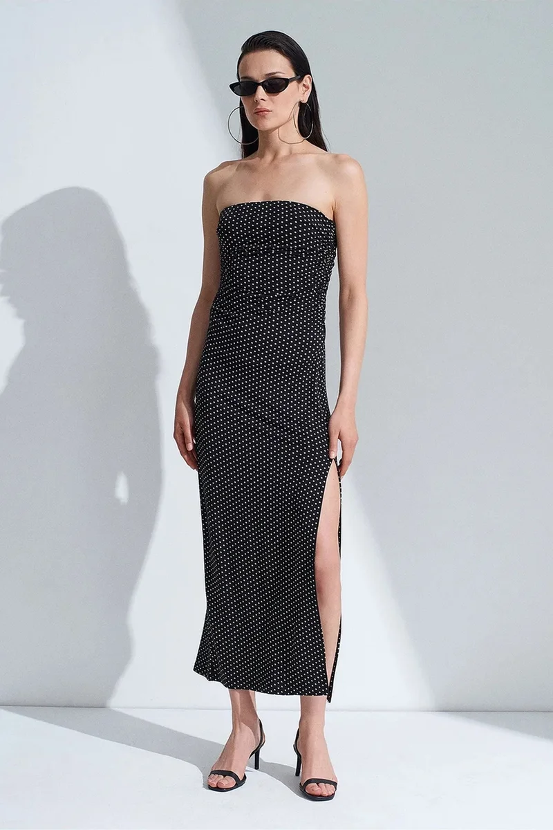 Dilvin Black DILVIN Strapless Polka Dot Bodycon Midi Dress for Women | Best Price UAE