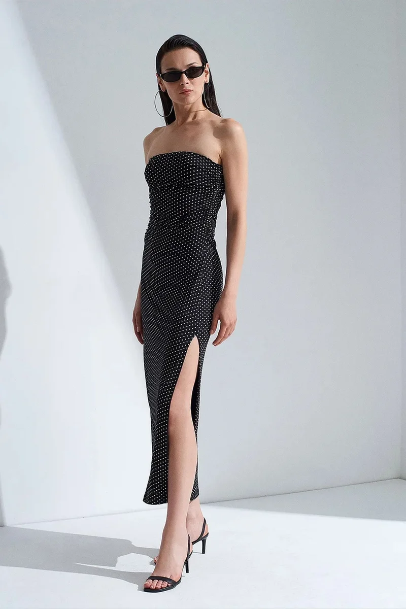 DILVIN Strapless Polka Dot Bodycon Midi Dress