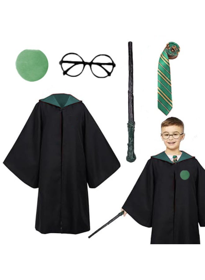 Home Smart Wizard Party Costume for Boys and Girls Wizard Robe with Tie Magic Wand Spectacle Frame and Badge for Themed Cosplay and Party Favor (Earth) - Image 1