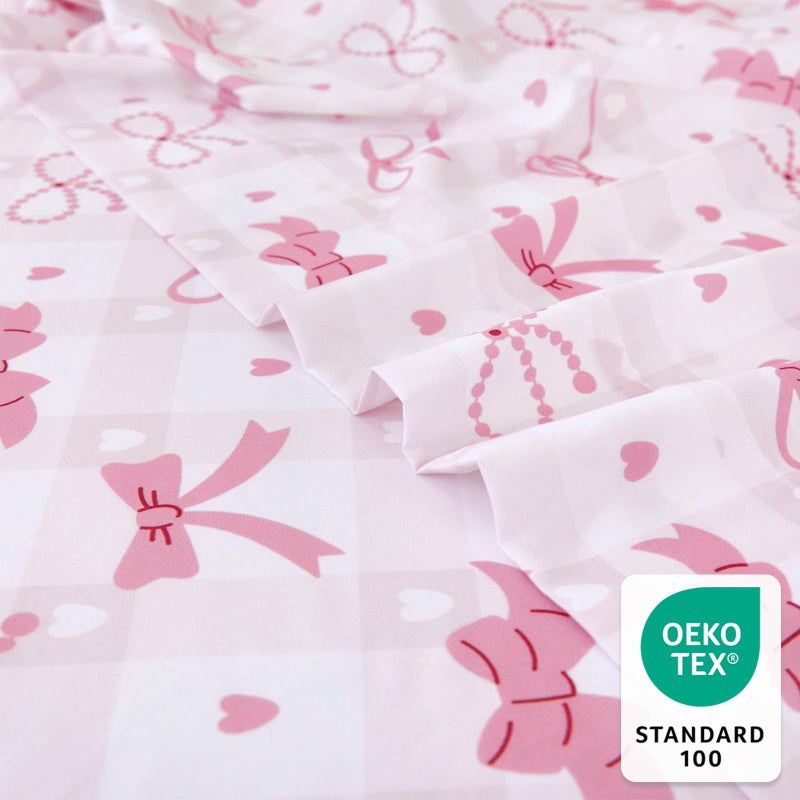 Homilay Twin Sheet Set Kids - Pink Check 3 Pieces Soft Microfiber Cartoon Style Bedsheets for Boys Girls Teens, Oeko TEX Breathable 15 Inch Deep Pocket Sheets(Pink Bow) - Image 4