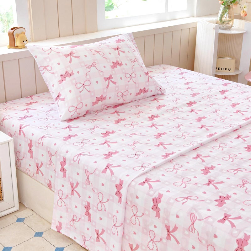 Homilay Twin Sheet Set Kids - Pink Check 3 Pieces Soft Microfiber Cartoon Style Bedsheets for Boys Girls Teens, Oeko TEX Breathable 15 Inch Deep Pocket Sheets(Pink Bow) - Image 1