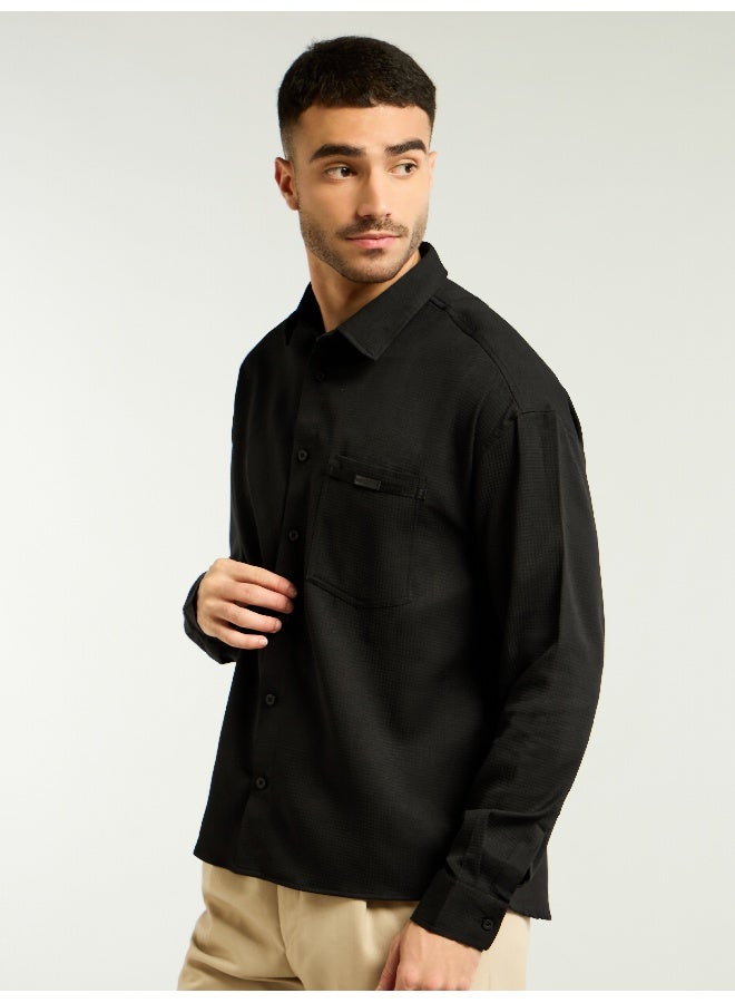 Beyoung Black Textured Waffle Shirt  - Image 1