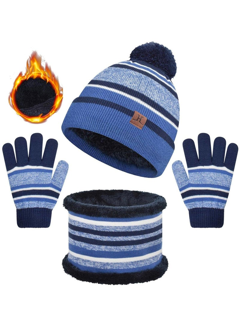 CMGTYYD. طقم قفازات ووشاح وقبعة صغيرة دافئة للأطفال 3 في 1 طقم قفازات ووشاح وقبعة حرارية متماسكة 3 في 1 طقم إكسسوارات شتوية طقم قفازات ووشاح سنود مع بطانة صوف مزدوجة الطبقة للأولاد البنات (أزرق) - Image 1