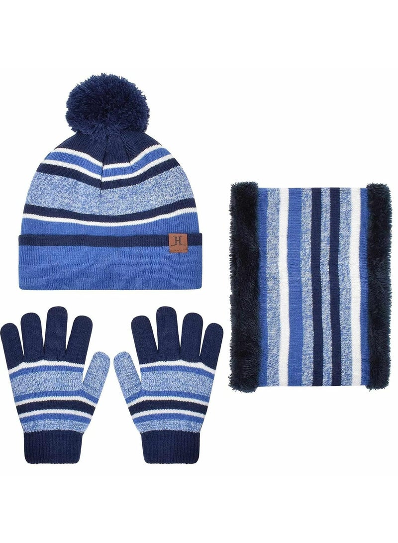 CMGTYYD. طقم قفازات ووشاح وقبعة صغيرة دافئة للأطفال 3 في 1 طقم قفازات ووشاح وقبعة حرارية متماسكة 3 في 1 طقم إكسسوارات شتوية طقم قفازات ووشاح سنود مع بطانة صوف مزدوجة الطبقة للأولاد البنات (أزرق) - Image 2
