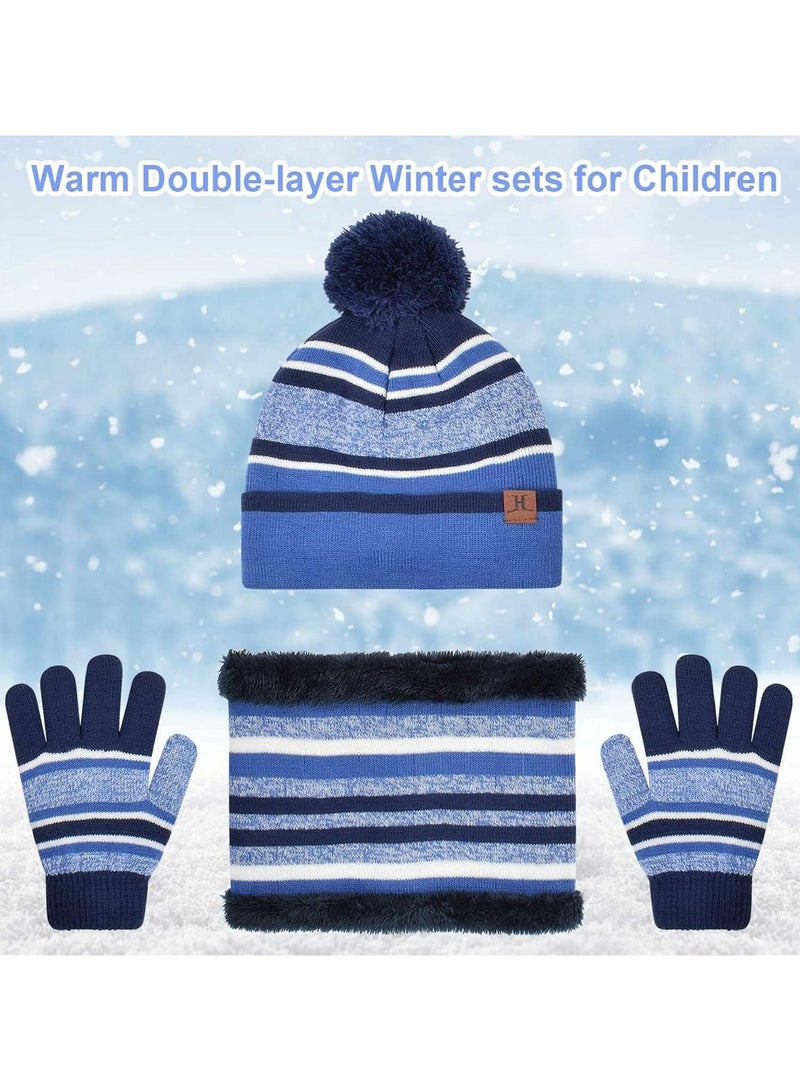 CMGTYYD. طقم قفازات ووشاح وقبعة صغيرة دافئة للأطفال 3 في 1 طقم قفازات ووشاح وقبعة حرارية متماسكة 3 في 1 طقم إكسسوارات شتوية طقم قفازات ووشاح سنود مع بطانة صوف مزدوجة الطبقة للأولاد البنات (أزرق) - Image 4