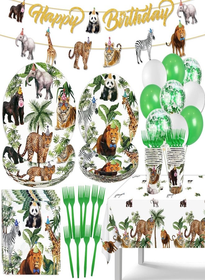 Haimimall Jungle Theme Safari Birthday Party Decorations, Wild Animal Plates and Napkins for Boy Kids Jungle Dinnerware with Cups Tablecloth Banner and Balloons for Zoo Theme Birthday Decorations,Serve 20 - Image 1