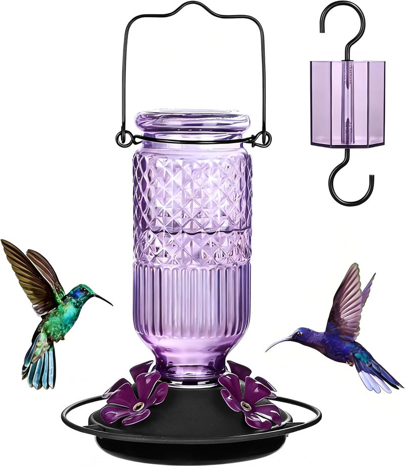 FEED GARDEN Glass Hummingbird Feeder for Outdoors Hanging, 16 OZ Humming Bird Feeders with 4 Bee Guard Feeding Ports&Built-in Ant Moat, Hummingbird Gifts for Mom Bird Feeder for Outside, Purple,1 Pack - Image 1