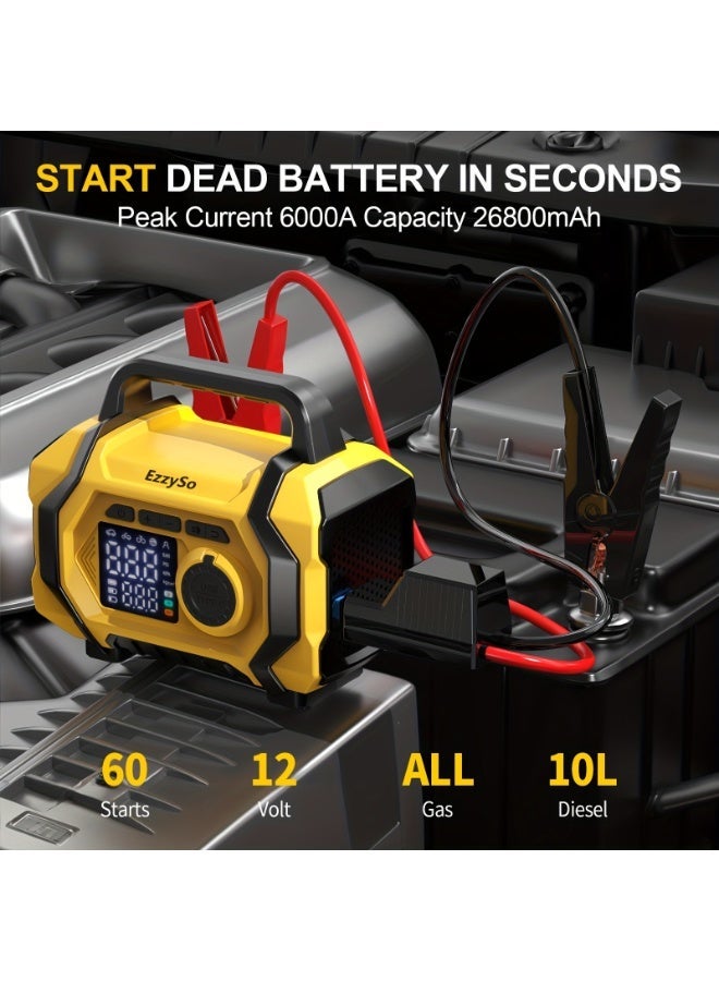 EzzySo 6000A 26800mAh Jump Starter with Air Compressor For All Gas and 10.0L Diesel Engines Cordless Auto Shutoff Tire Inflator Type C Quick Charging Smart Jump - Image 3