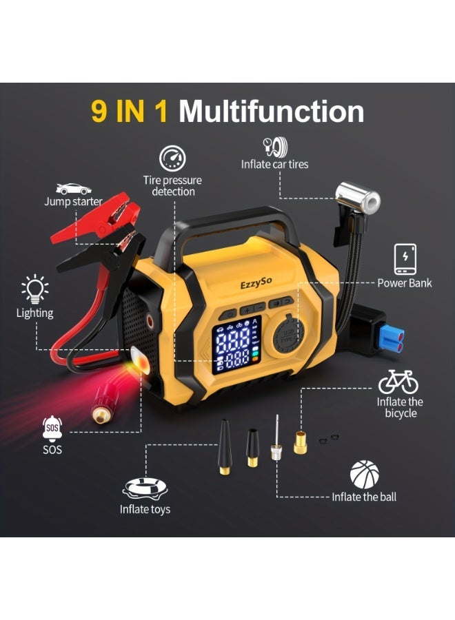 EzzySo 6000A 26800mAh Jump Starter with Air Compressor For All Gas and 10.0L Diesel Engines Cordless Auto Shutoff Tire Inflator Type C Quick Charging Smart Jump - Image 4