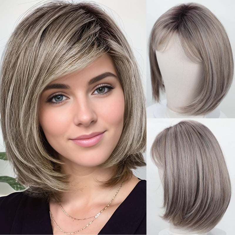 RENERSHOW Short Ombre Grey Wigs for Women Layered Chin length Gray Bob Wig Mid-length Straight Hair Wig Natural Looking Synthetic Wig - Image 1