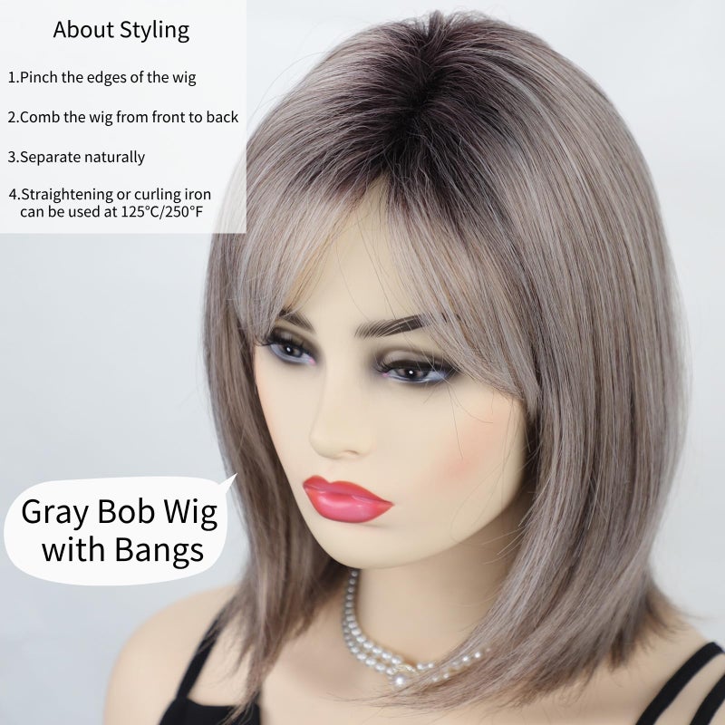 RENERSHOW Short Ombre Grey Wigs for Women Layered Chin length Gray Bob Wig Mid-length Straight Hair Wig Natural Looking Synthetic Wig - Image 4