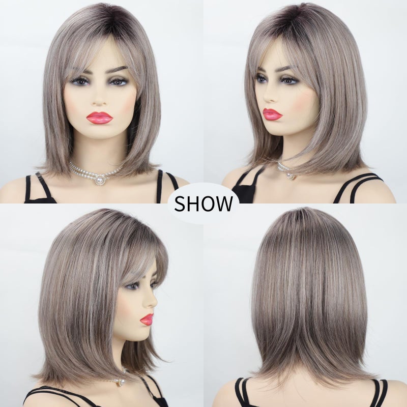 RENERSHOW Short Ombre Grey Wigs for Women Layered Chin length Gray Bob Wig Mid-length Straight Hair Wig Natural Looking Synthetic Wig - Image 2