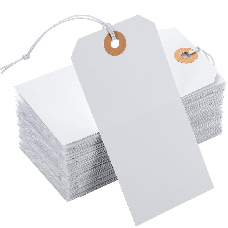 Prudiut 100pcs Large Price Tags with String Attached White Hang Paper Tags with Elastic String Reinforced Hole Writable Valentines Gift Tag Inventory Tag 4.76''Ã—2.36'' - Image 1