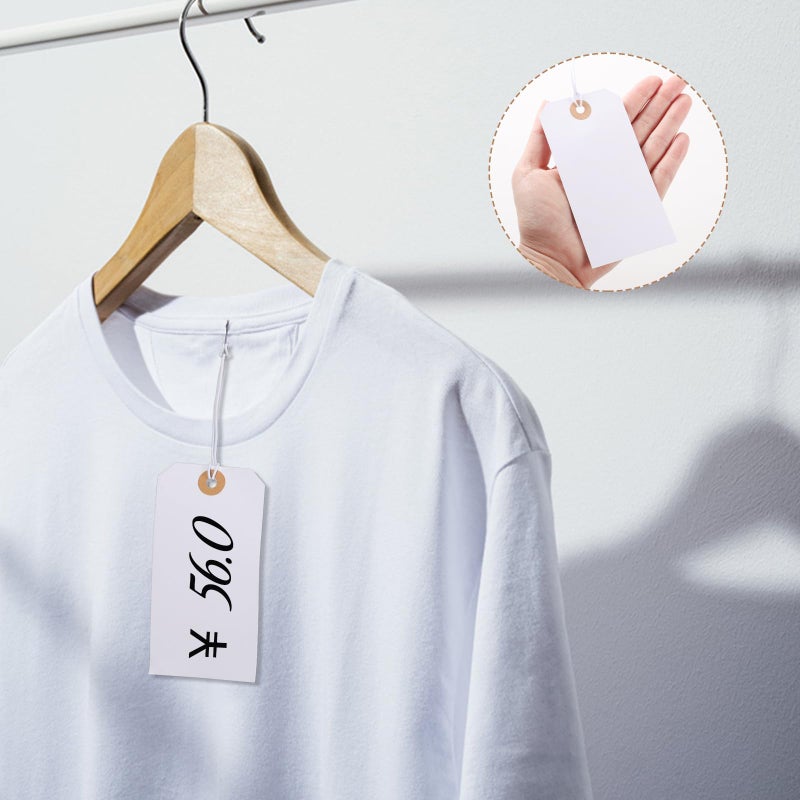 Prudiut 100pcs Large Price Tags with String Attached White Hang Paper Tags with Elastic String Reinforced Hole Writable Valentines Gift Tag Inventory Tag 4.76''Ã—2.36'' - Image 4