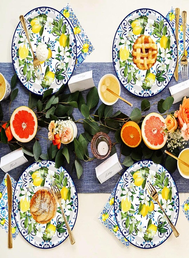 HSPAIDYP 100Pcs Capri Lemon Party Supplies Blue Tiles Yellow Lemon Party Set 7"Capri Lemon Citrus Fruit Paper Plates and Capri Lemons Napkins for Baby Shower Lemon Birthday Italian Theme Party Decor Serves 50 - Image 2