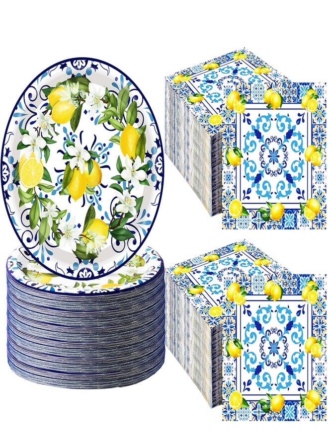 HSPAIDYP 100Pcs Capri Lemon Party Supplies Blue Tiles Yellow Lemon Party Set 7"Capri Lemon Citrus Fruit Paper Plates and Capri Lemons Napkins for Baby Shower Lemon Birthday Italian Theme Party Decor Serves 50 - Image 1