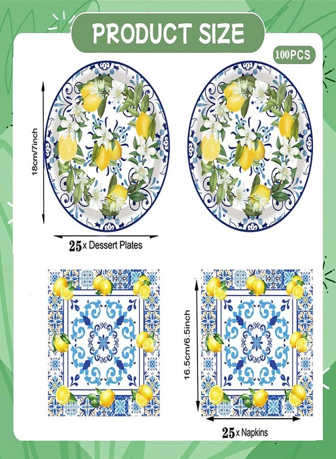 HSPAIDYP 100Pcs Capri Lemon Party Supplies Blue Tiles Yellow Lemon Party Set 7"Capri Lemon Citrus Fruit Paper Plates and Capri Lemons Napkins for Baby Shower Lemon Birthday Italian Theme Party Decor Serves 50 - Image 3
