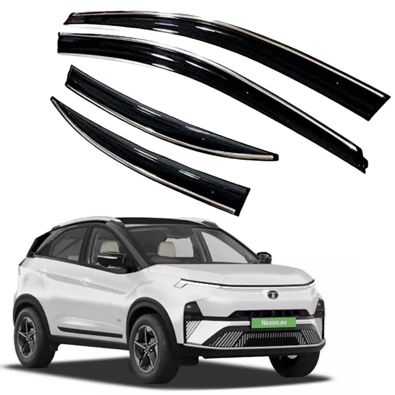 ROYALTECH Premium Chromeline & Silverline Unbreakable Car Rear Window Wind Deflectors & Side Door Visor Rain Guard Compatible with (Tata Nexon EV (2023 Onwards)) - Image 1