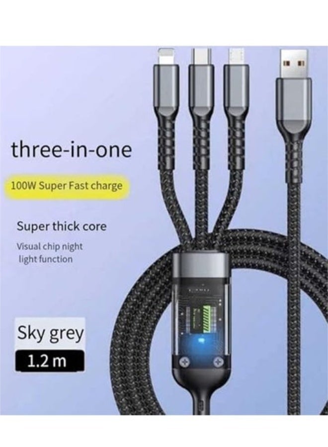 كابل شحن سريع 3 في 1 بقوة 100 وات متوافق مع أجهزة Micro + Lightning + Type-C - Image 3