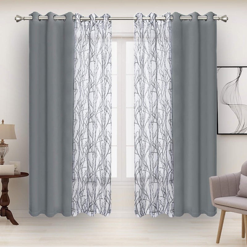 BONZER Mix and Match Curtains  2 Pieces Branch Print Sheer Curtains and 2 Pieces Blackout Curtains for Bedroom Living Room Grommet Window Drapes 37x84 InchPanel Light Grey Set of 4 Panels