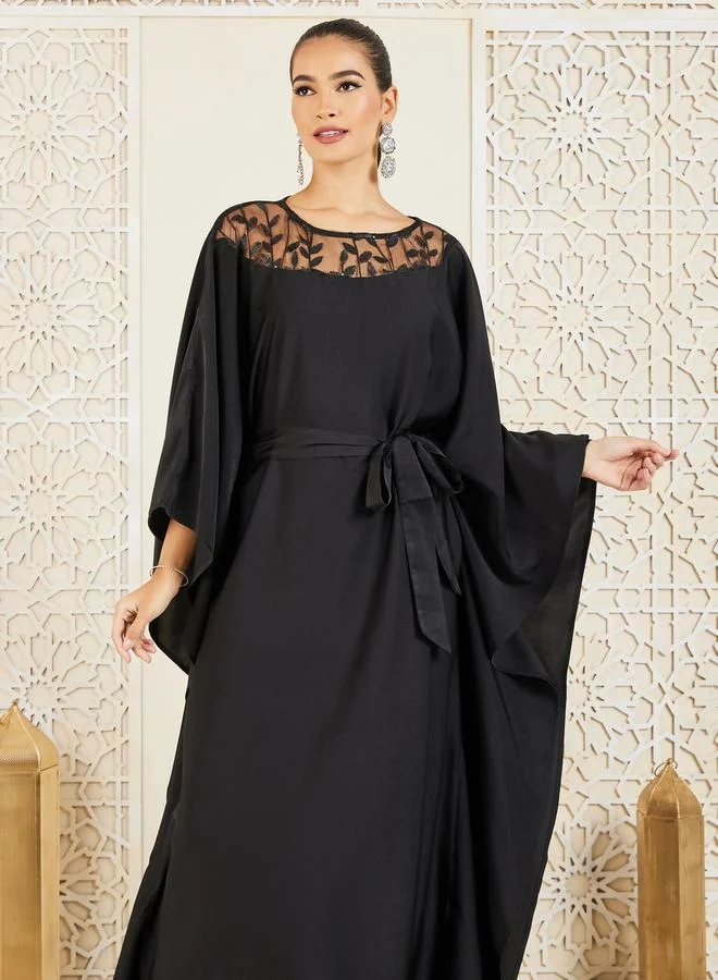 ستايلي Embroidered Mesh Neckline Kaftan with Self Tie Up
