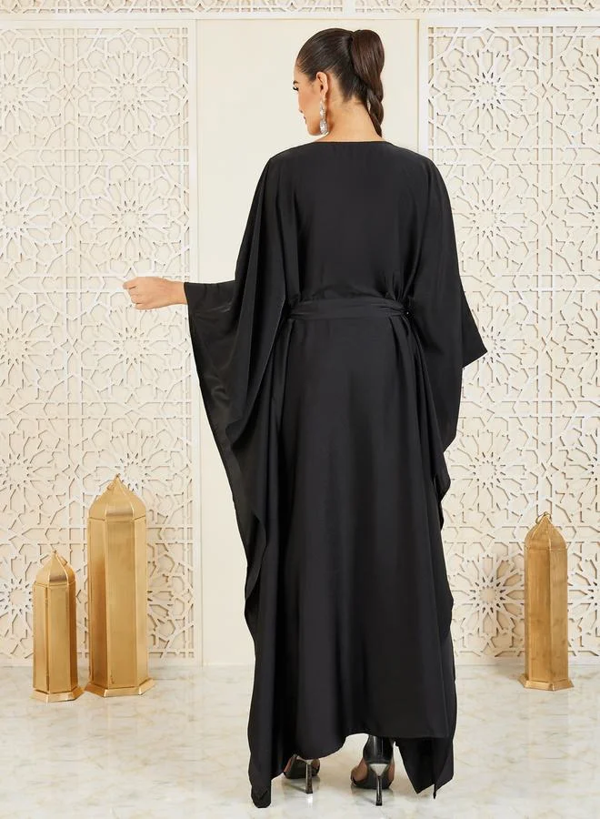 ستايلي Embroidered Mesh Neckline Kaftan with Self Tie Up