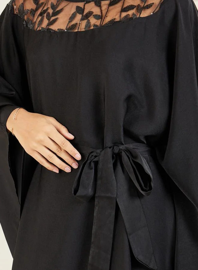 ستايلي Embroidered Mesh Neckline Kaftan with Self Tie Up