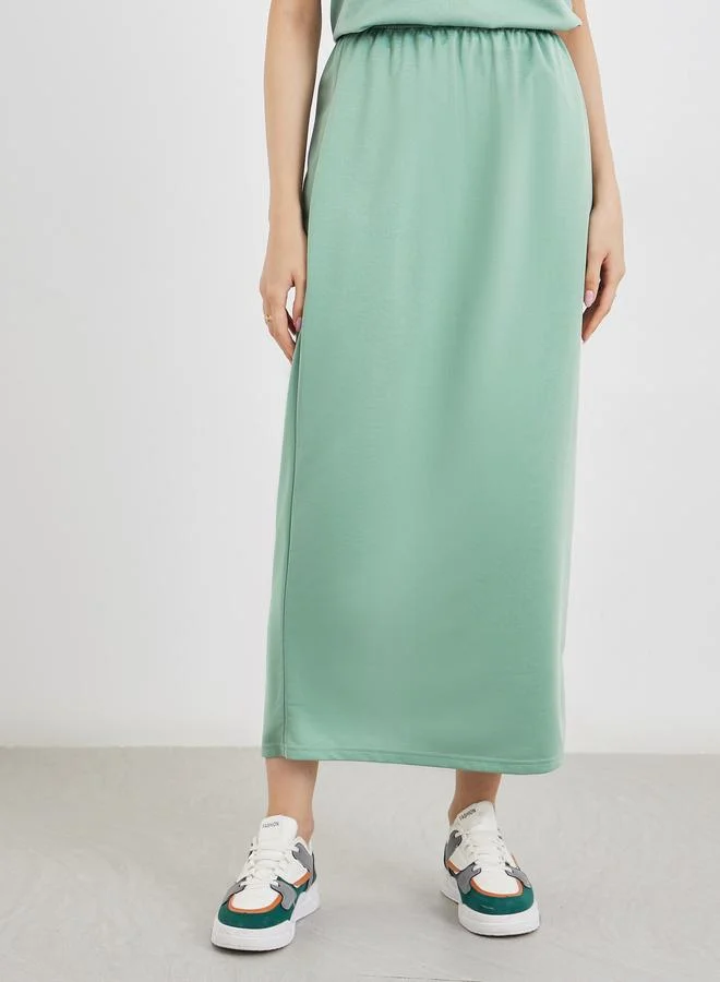 Take Two Take Two Women Green Solid T-Shirt and Midi Skirt Co-Ords