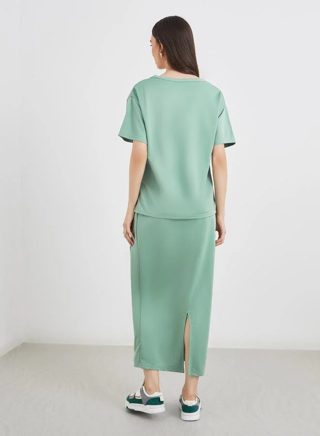 Take Two Take Two Women Green Solid T-Shirt and Midi Skirt Co-Ords