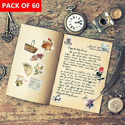 rousrie Vinyl Self-Adhesive Stickers for Journal (Pack of 60), Vintage Theme Non Duplicate Sticker for Scrapbook, Journalling, Aesthetic Journaling Kit for Art and Craft Decor - Image 4