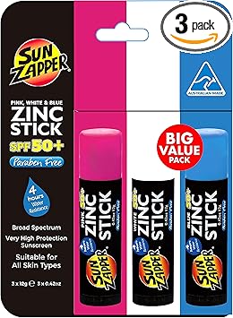 Sun Zapper Zinc Stick Pink White Blue Face Sunblock SPF50 Coloured Zinc Sunscreen Sticks Made in Australia - Image 1