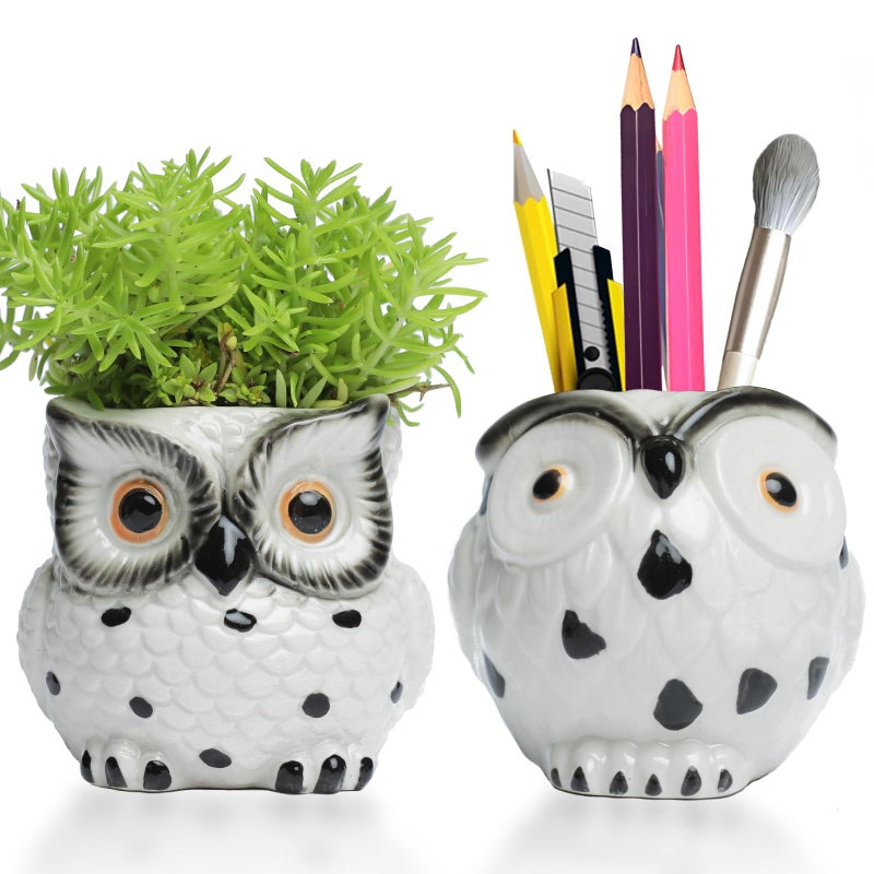 SE SUN-E Owl Ceramic Planters Mini Plant Pots 3Inch With Drainage Pen Pencil Holder Cute Decor Flower Planters Gift Packaging Herb Cactus Plant Pots Air Plant Kitchen Window Gardening Starter Set Teacher Gifts - Image 1