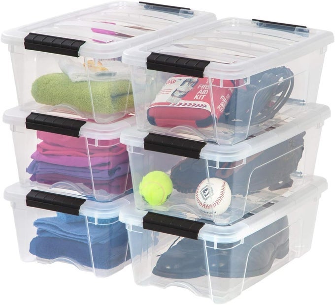 USA 13 QT STACKABLE PLASTIC STORAGE BINS WITH LIDS 6 PACK BPAFREE MADE IN USA SEETHROUGH ORGANIZING SOLUTION LATCHES DURABLE NESTABLE CONTAINERS SECURE PULL HANDLE CLEAR