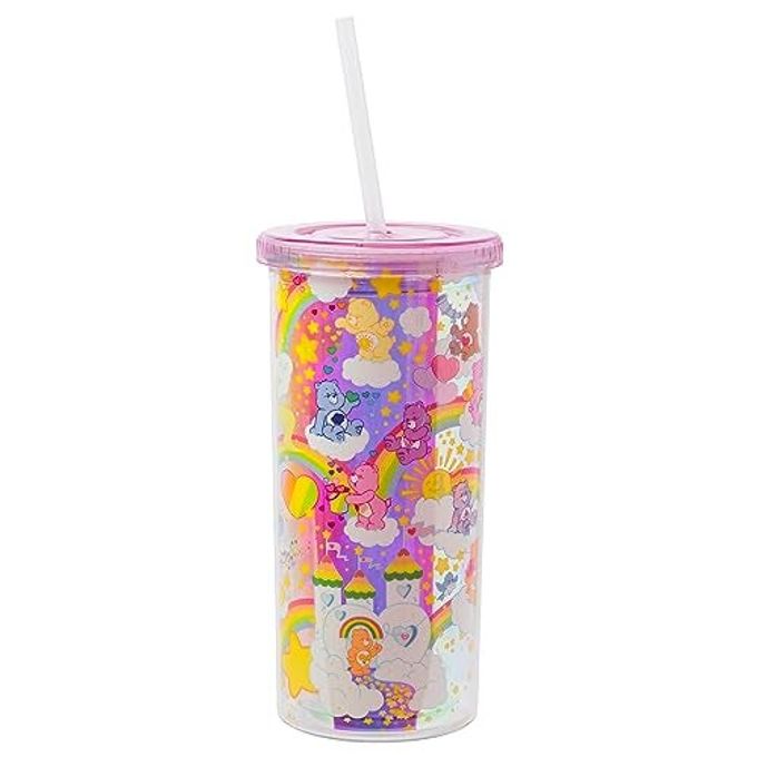 Silver Buffalo Care Bears Rainbow Stars Featuring Funshine, Grumpy, Cheer, Tenderheart Bear Iridescent Plastic Tall Cold Cup With Lid and Straw, 20 Ounces - Image 4