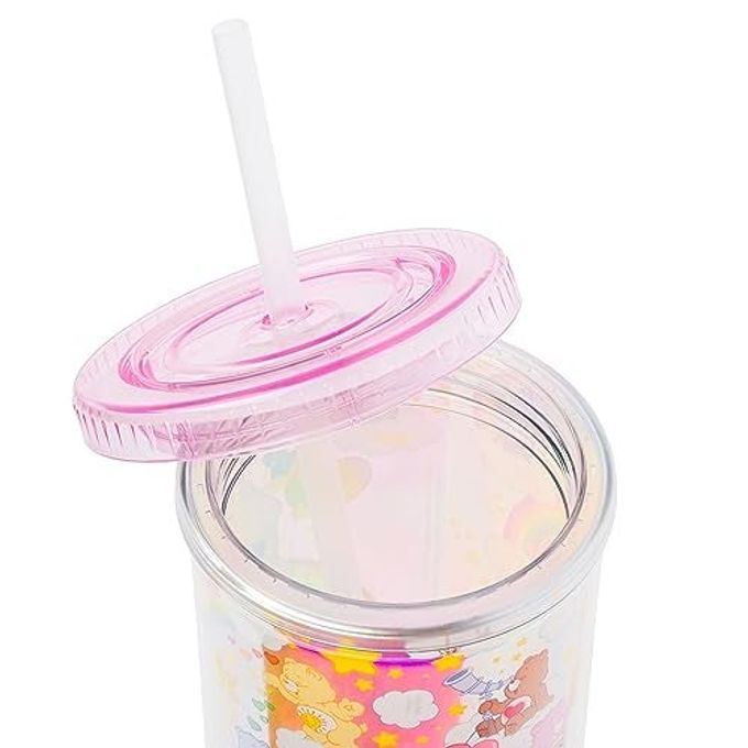 Silver Buffalo Care Bears Rainbow Stars Featuring Funshine, Grumpy, Cheer, Tenderheart Bear Iridescent Plastic Tall Cold Cup With Lid and Straw, 20 Ounces - Image 2