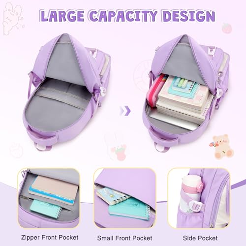 DIGOBAY 3PCS Girls Backpack for School, Kids Backpack for Girls with Lunch Box Pencil Case Set for Teen Girl Elementary Primary Middle High College School Bookbag with Cute Pins (Purple) - Image 3