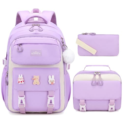 DIGOBAY 3PCS Girls Backpack for School, Kids Backpack for Girls with Lunch Box Pencil Case Set for Teen Girl Elementary Primary Middle High College School Bookbag with Cute Pins (Purple) - Image 1