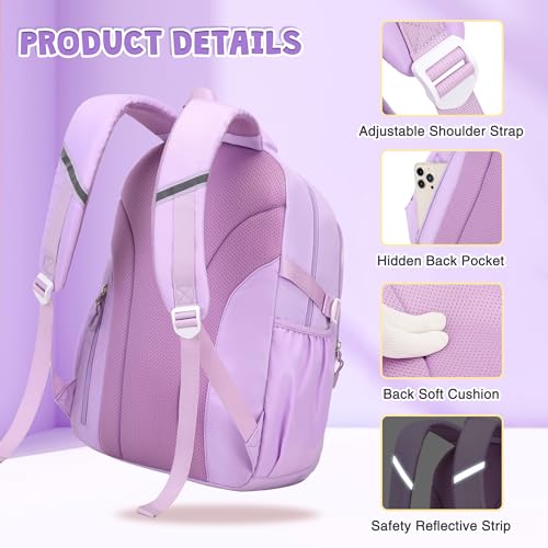 DIGOBAY 3PCS Girls Backpack for School, Kids Backpack for Girls with Lunch Box Pencil Case Set for Teen Girl Elementary Primary Middle High College School Bookbag with Cute Pins (Purple) - Image 5