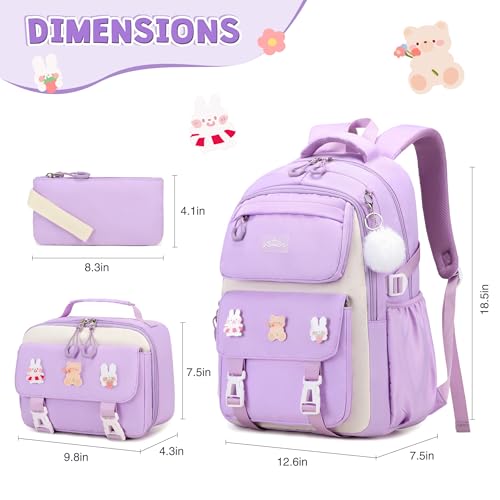 DIGOBAY 3PCS Girls Backpack for School, Kids Backpack for Girls with Lunch Box Pencil Case Set for Teen Girl Elementary Primary Middle High College School Bookbag with Cute Pins (Purple) - Image 2
