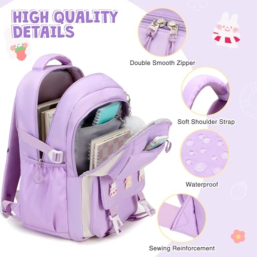 DIGOBAY 3PCS Girls Backpack for School, Kids Backpack for Girls with Lunch Box Pencil Case Set for Teen Girl Elementary Primary Middle High College School Bookbag with Cute Pins (Purple) - Image 4