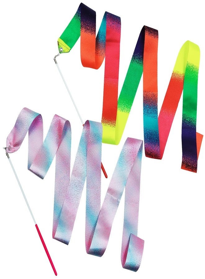 IOUALEY 2pcs Dance Ribbons, 78.7 Inch Rhythmic Gymnastics Ribbons Twirling Sparkling Dancing Ribbons Rainbow Streamer with Twirling Wands Stick for Fits Artistic Dancing Gymnastics Training - Image 1