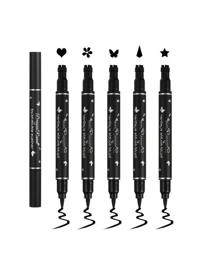 كيو اي يو اف اس اس اي مجموعة أقلام تحديد العيون السائلة ذات الرأسين المكونة من 5 قطع، قلم تحديد العيون المجنح للنساء باللون الأسود يدوم طويلاً، (قلب/زهرة/نجمة/فراشة/مخروط) - Image 1