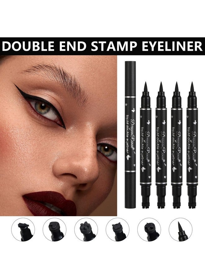كيو اي يو اف اس اس اي مجموعة أقلام تحديد العيون السائلة ذات الرأسين المكونة من 5 قطع، قلم تحديد العيون المجنح للنساء باللون الأسود يدوم طويلاً، (قلب/زهرة/نجمة/فراشة/مخروط) - Image 2