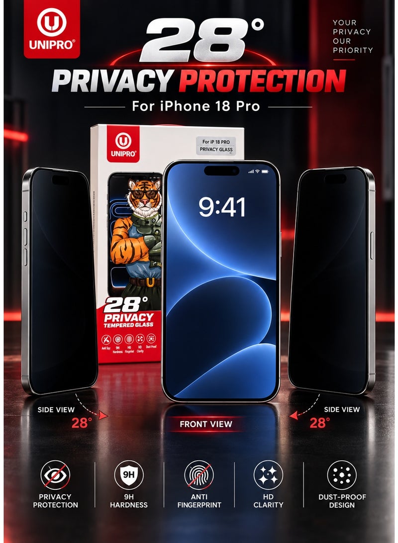 Unipro 18 Pro Privacy Tempered Glass Screen Protector for iPhone 18 Pro, 28° Anti-Peeping, 9H Hardness, Anti-Fingerprint, HD Clarity, Dust-Proof Mesh Design - Image 2